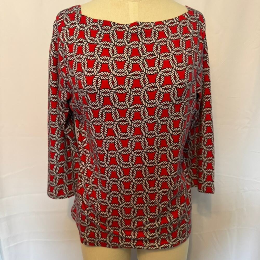 Talbots Red Geometric Print Top Pima Cotton 3/4 Sleeve Women Sz Large